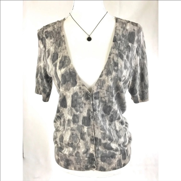 Talbots Sweaters - TALBOTS Gray Print Short Sleeve V-Neck Cardigan